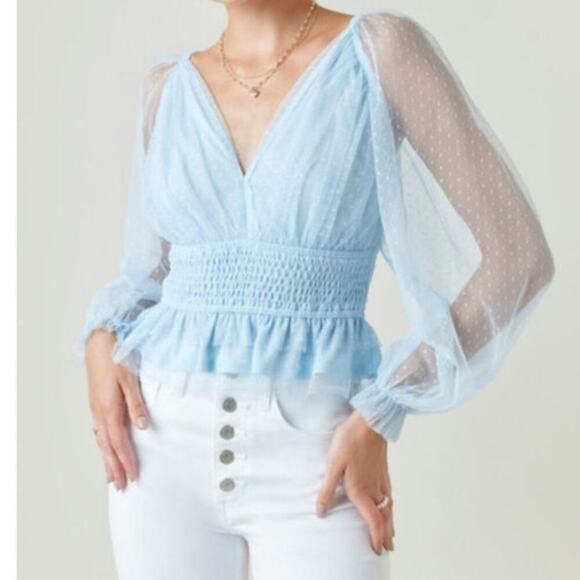 audrey parks Tops - Audrey Parks Soft Blue Tulle Blouse Sheer Long Sleeve Crop V-Neck Size Large
